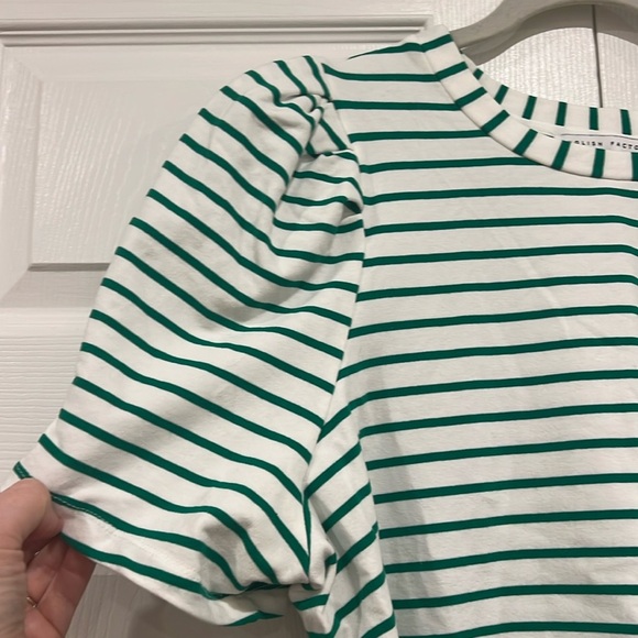 ENGLISH FACTORY Stripe Knit Shirt Womens Green White Puff Short Sleeves Size 1X - Picture 4 of 5